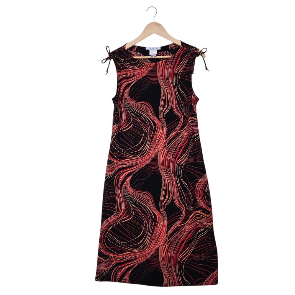 VTG La Belle Sheath Dress sz L* Black Orange Geometric Print Sleeveless Mod